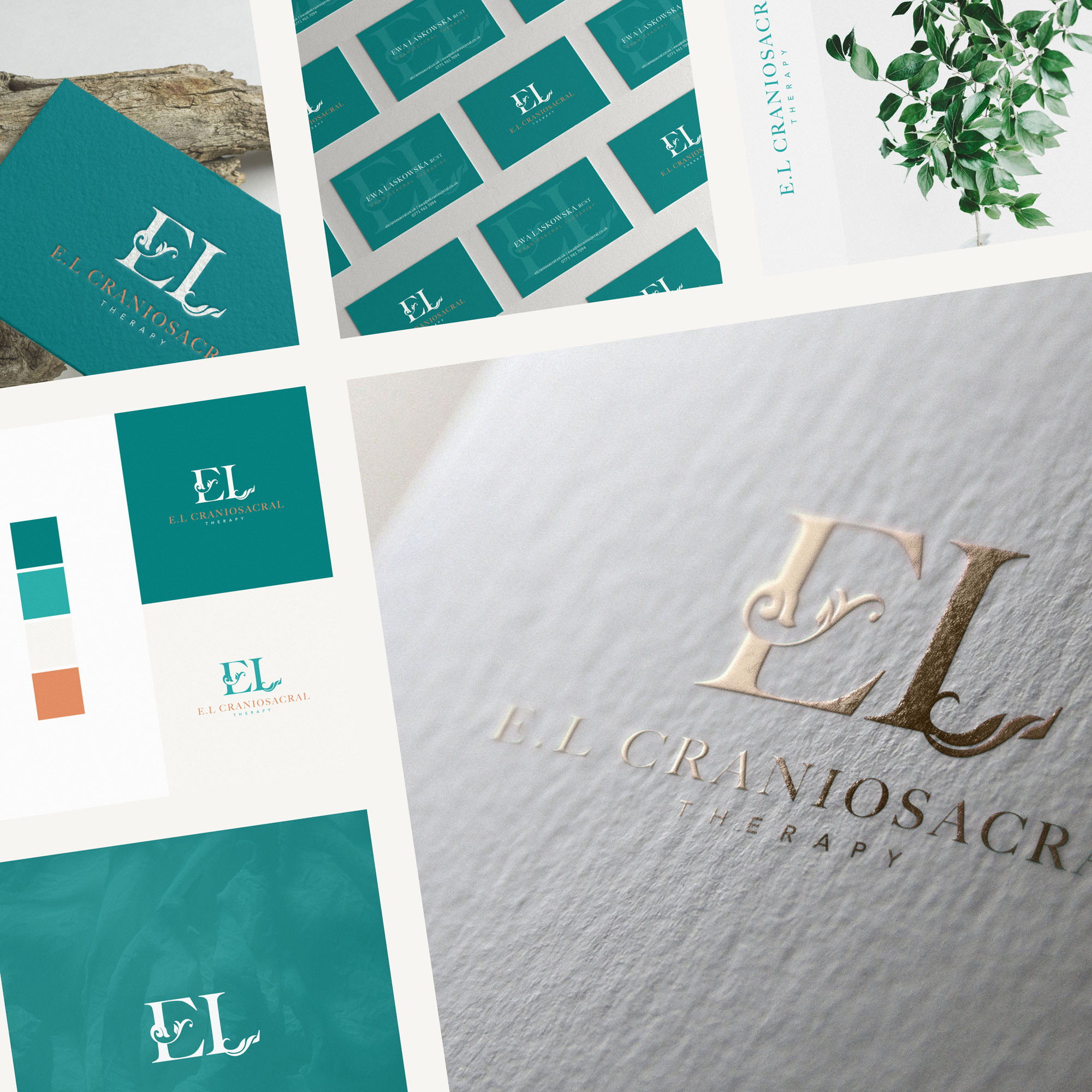 high end therapy brand identity design teal copper monogram el 1