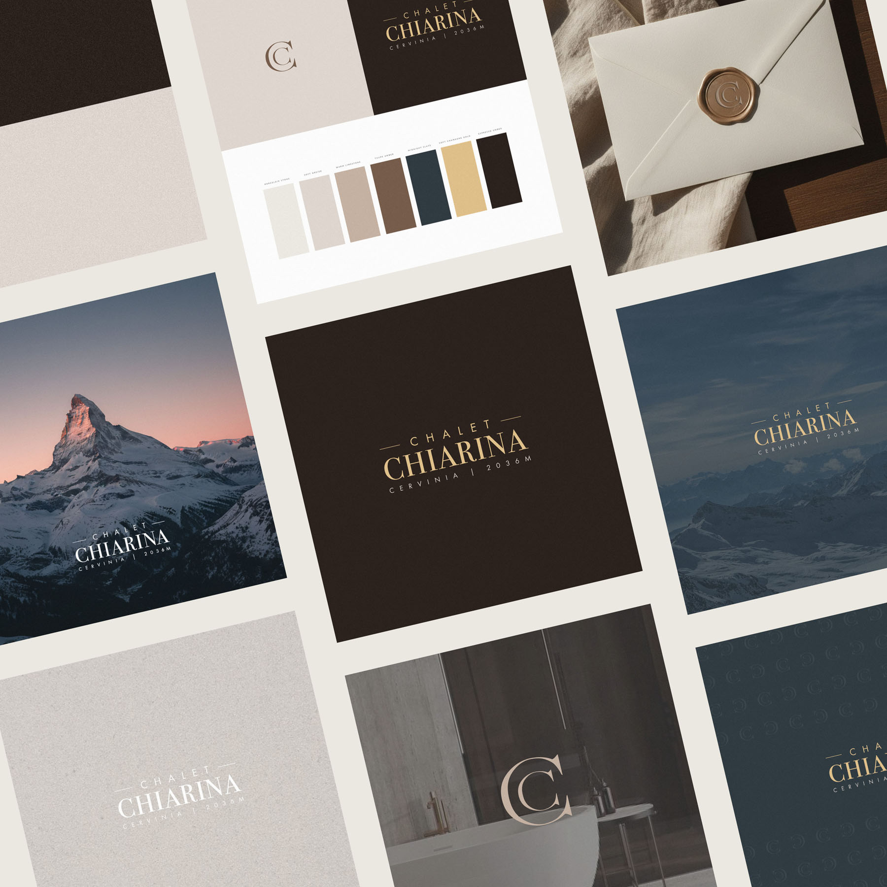 luxury chalet cervinia brand identity design - a montage of the finished branding