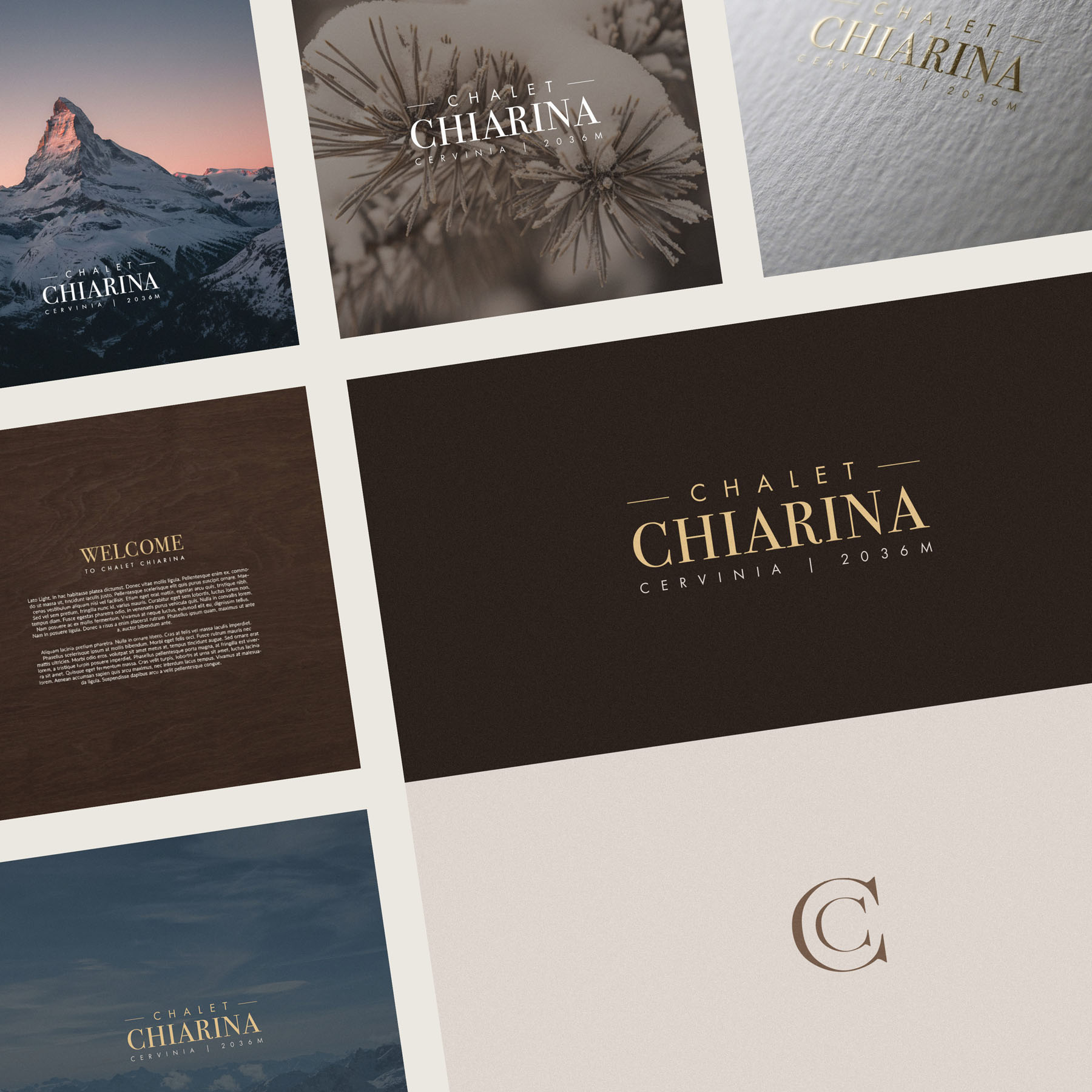 luxury chalet cervinia brand identity design - a montage of the finished branding