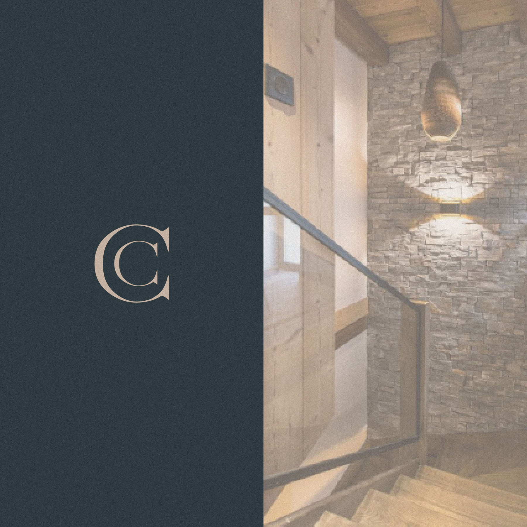 luxury chalet cervinia brand identity design - monogram alongside detail shot of the chalet