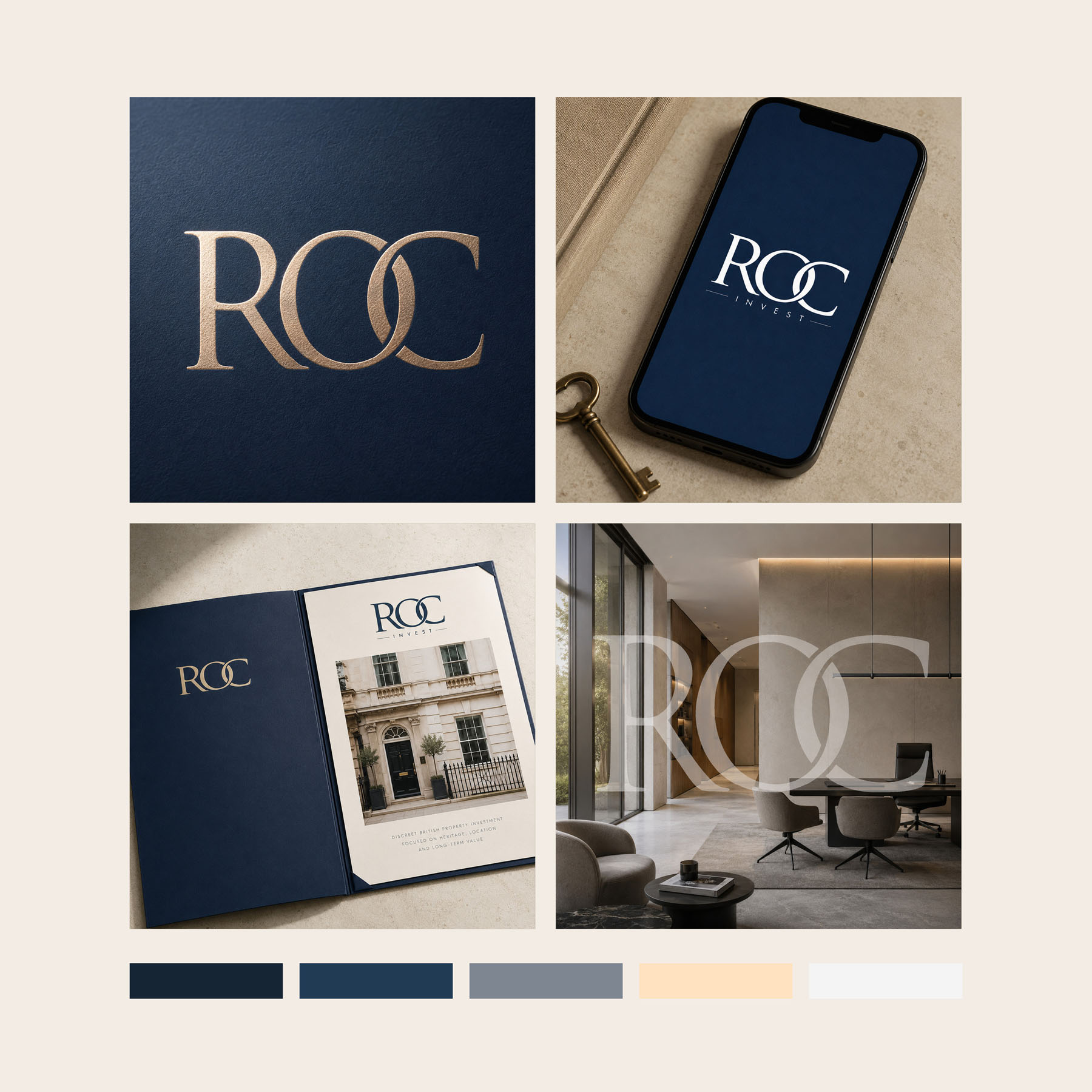 ROC Invest brand identity, interlocking ROC monogram in champagne on navy