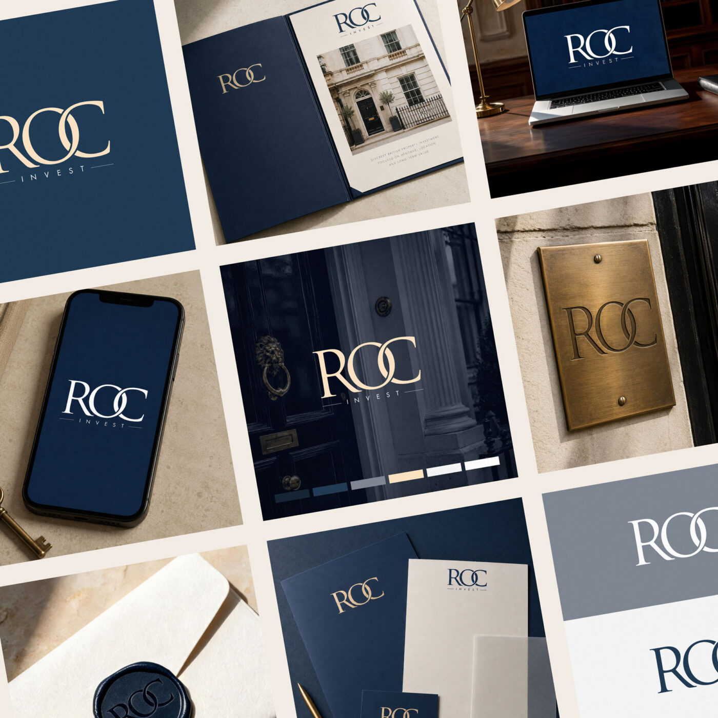 ROC Invest brand colour palette: midnight navy, royal navy, harbour grey and muted champagne