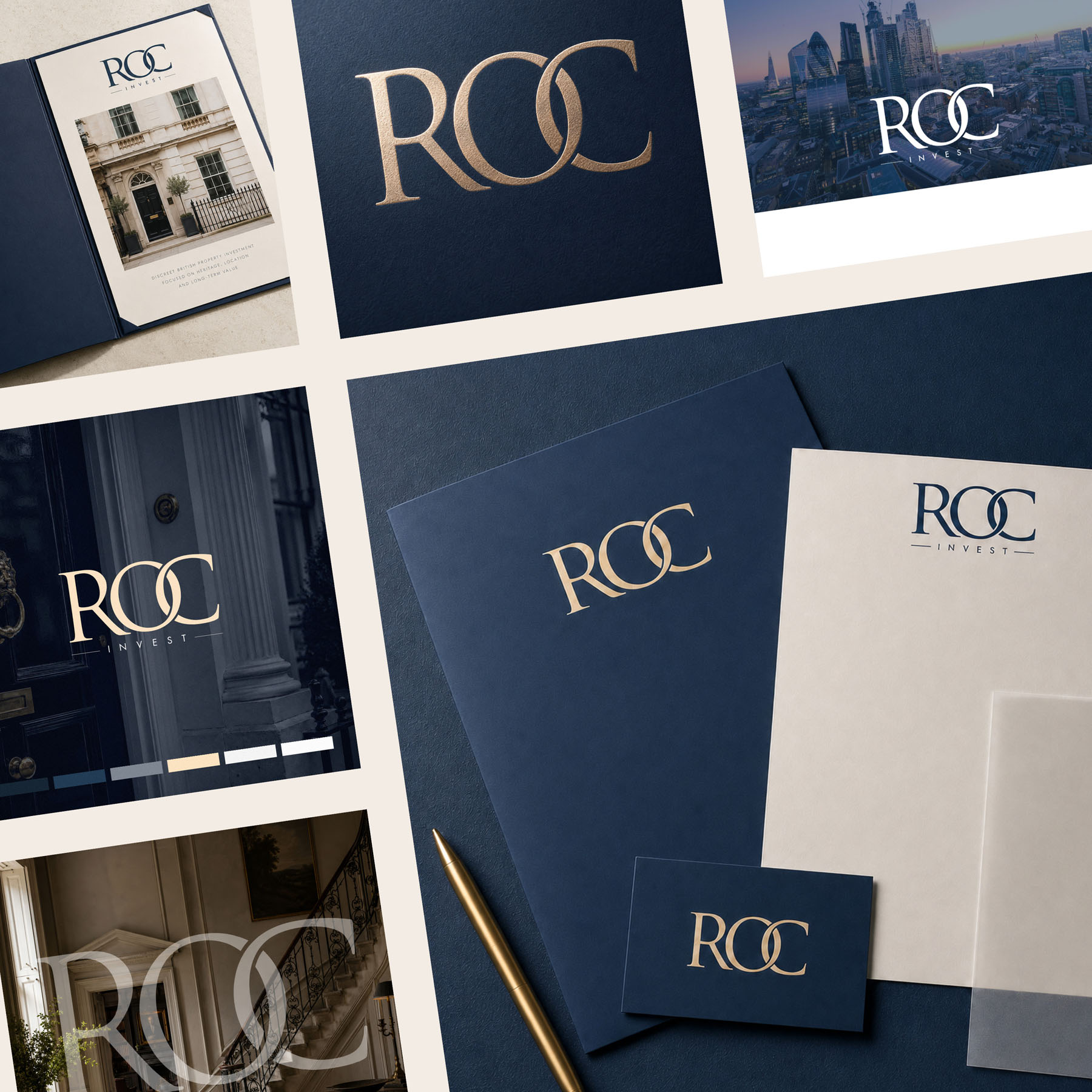 ROC Invest brand identity applied across stationery for a prime property specialist