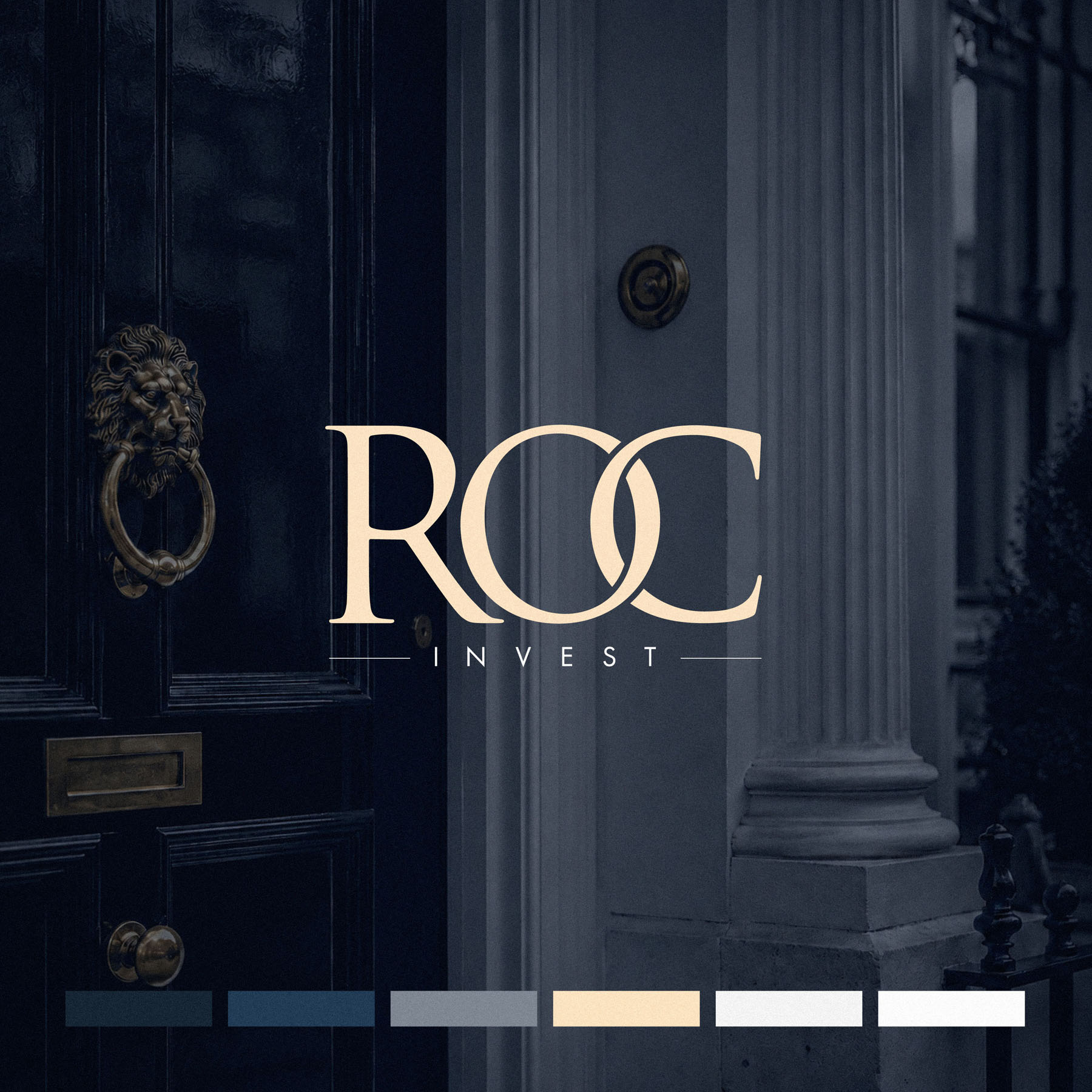 ROC Invest brand identity, interlocking ROC monogram in champagne on navy