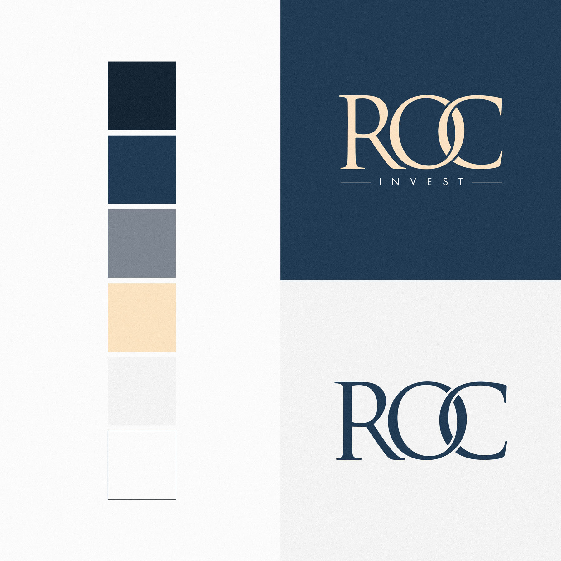 ROC Invest brand colour palette: midnight navy, royal navy, harbour grey and muted champagne