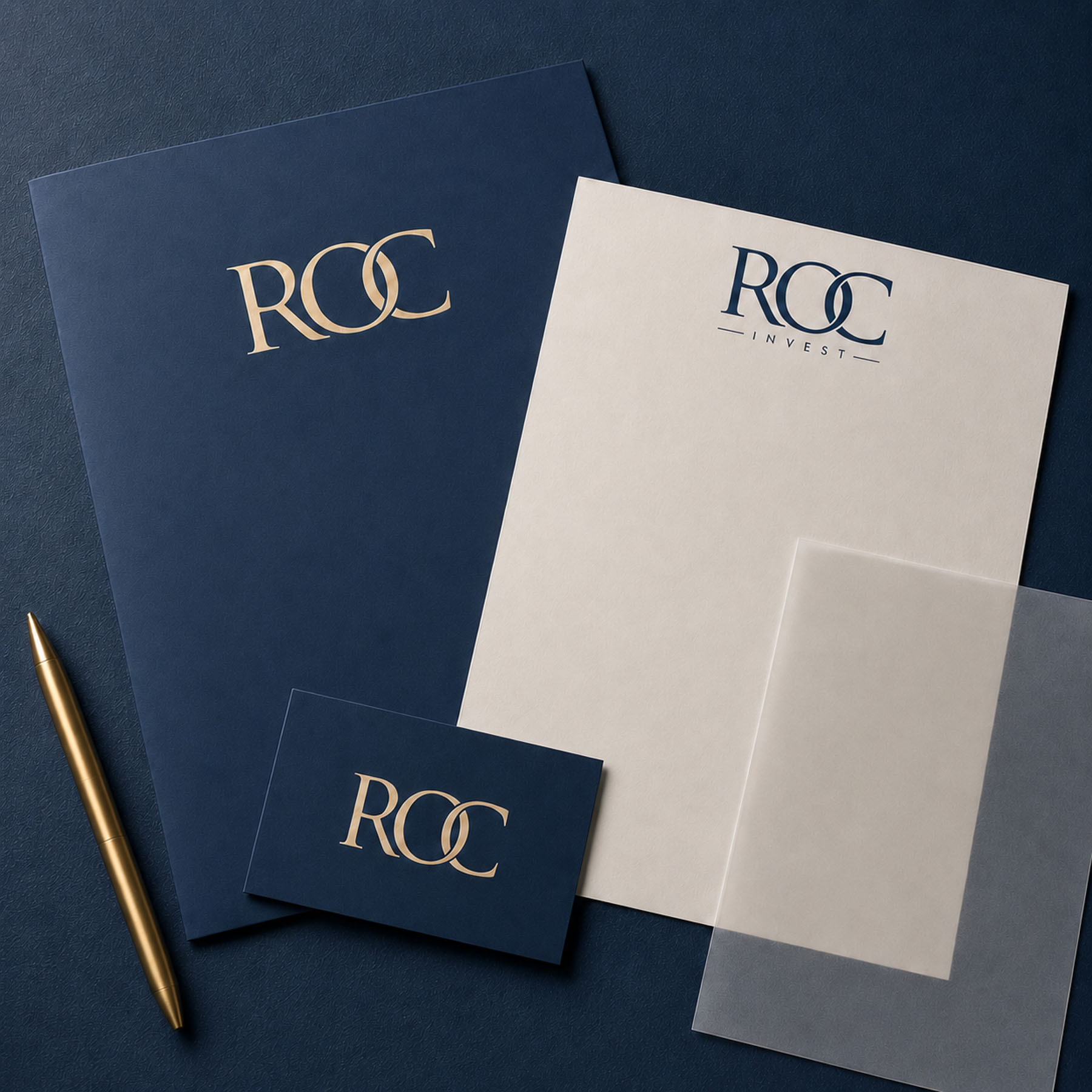 ROC Invest brand identity applied across stationery for a prime property specialist