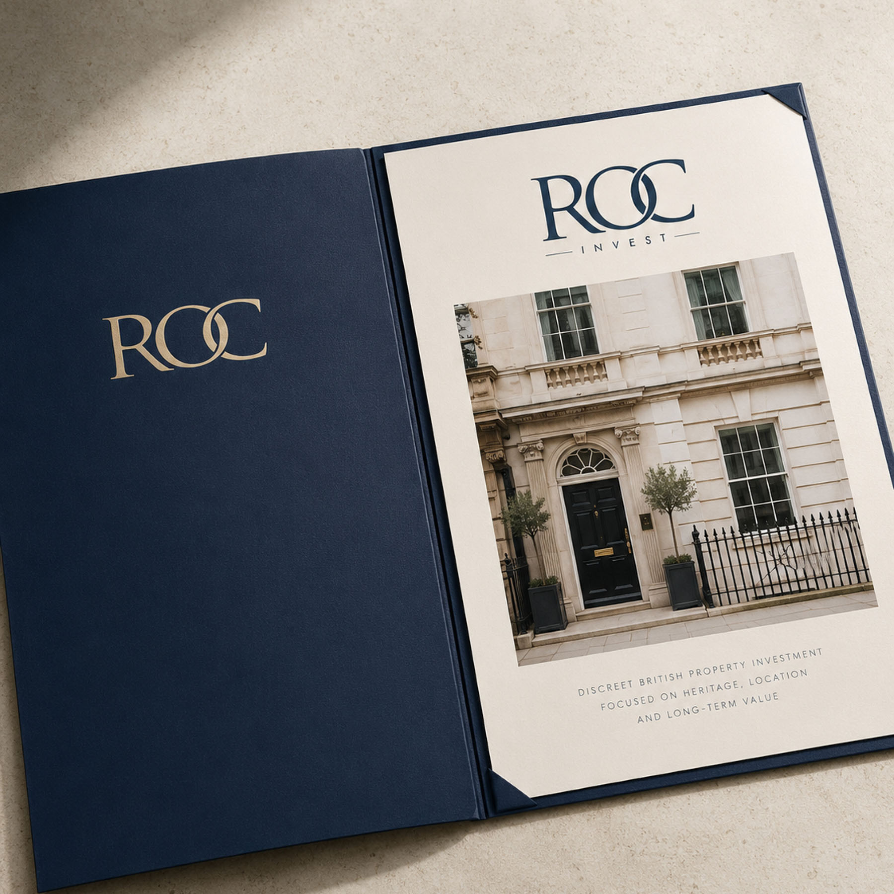 ROC Invest brand identity applied across stationery for a prime property specialist