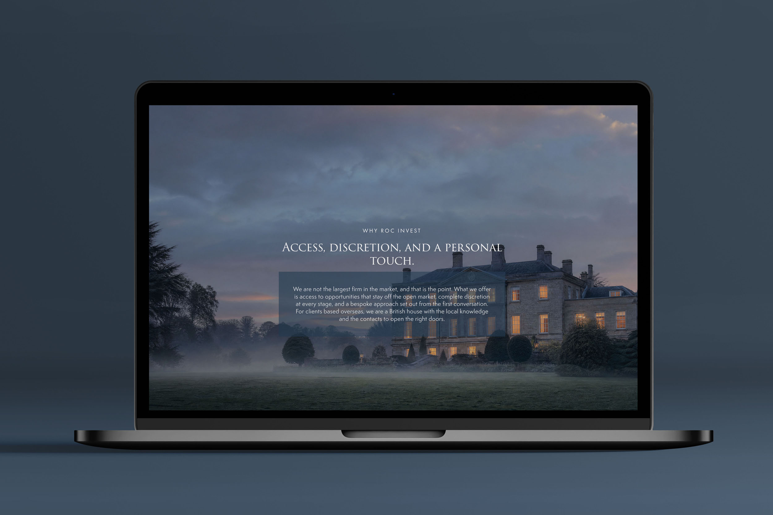 ROC Invest website typography and navy colour palette in use
