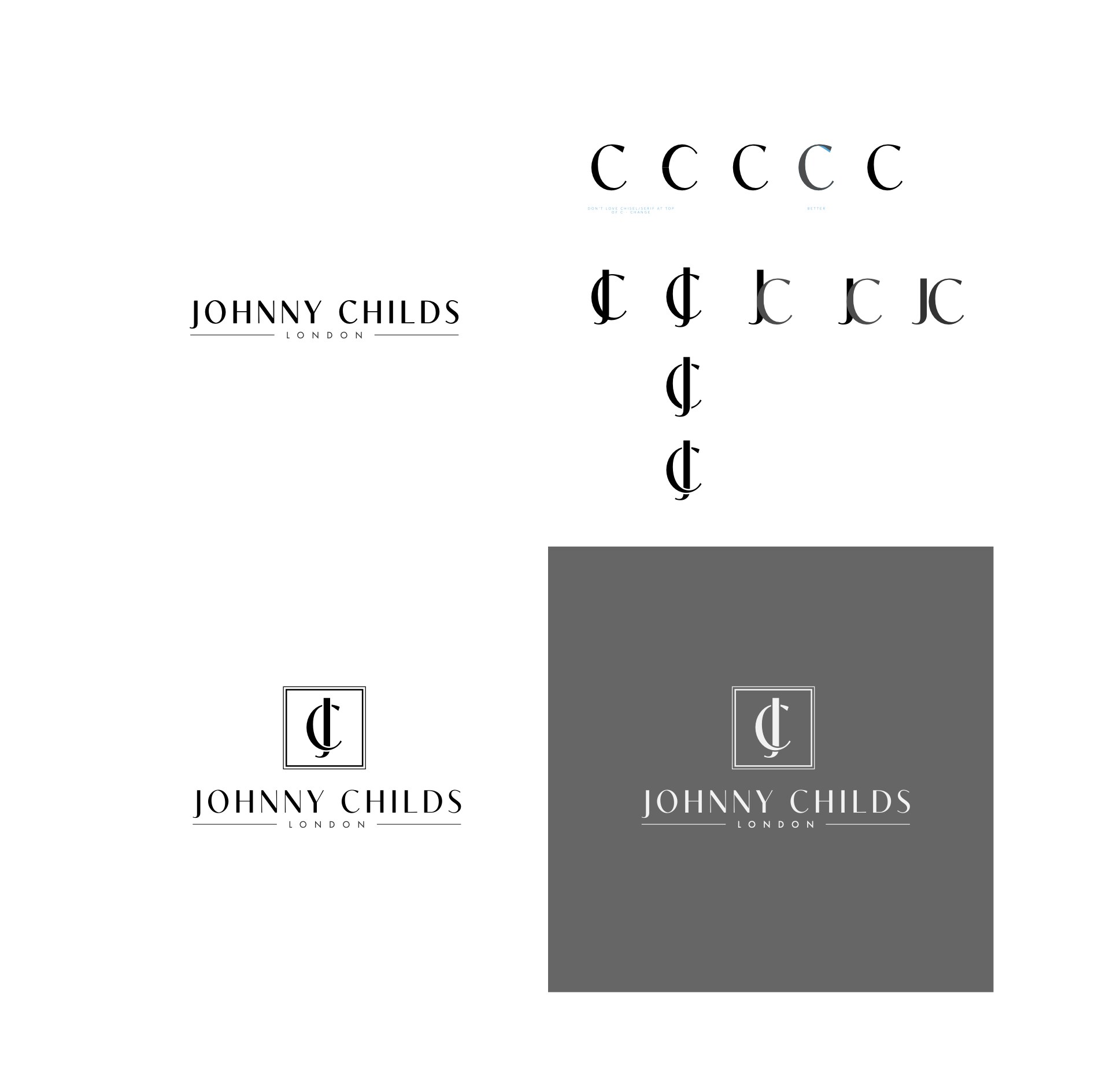 Early acupuncture logo design concepts for Johnny Childs: wordmark and framed JC monogram explorations