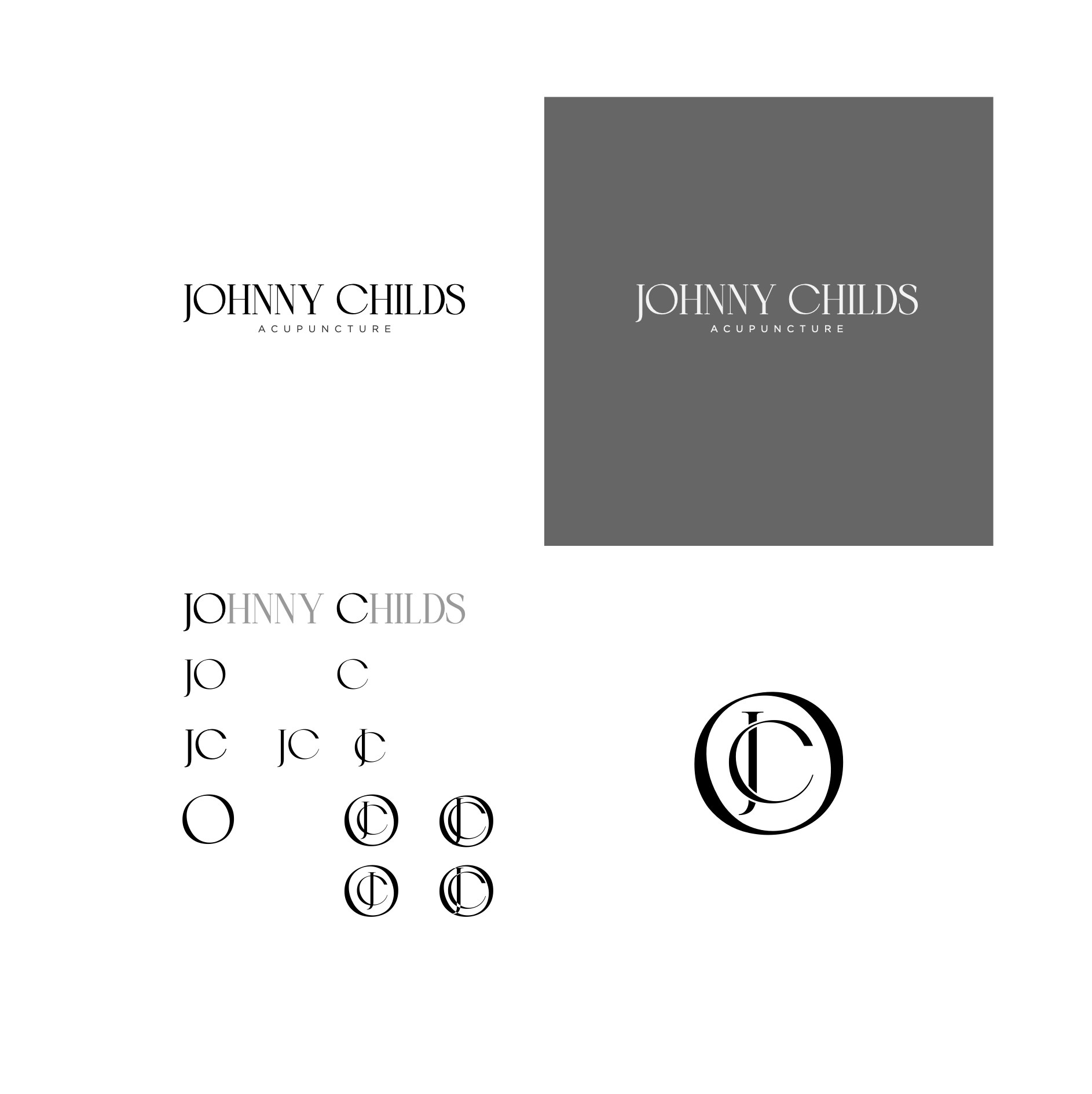 Acupuncture logo design concepts: Johnny Childs wordmark and circular JC monogram explorations