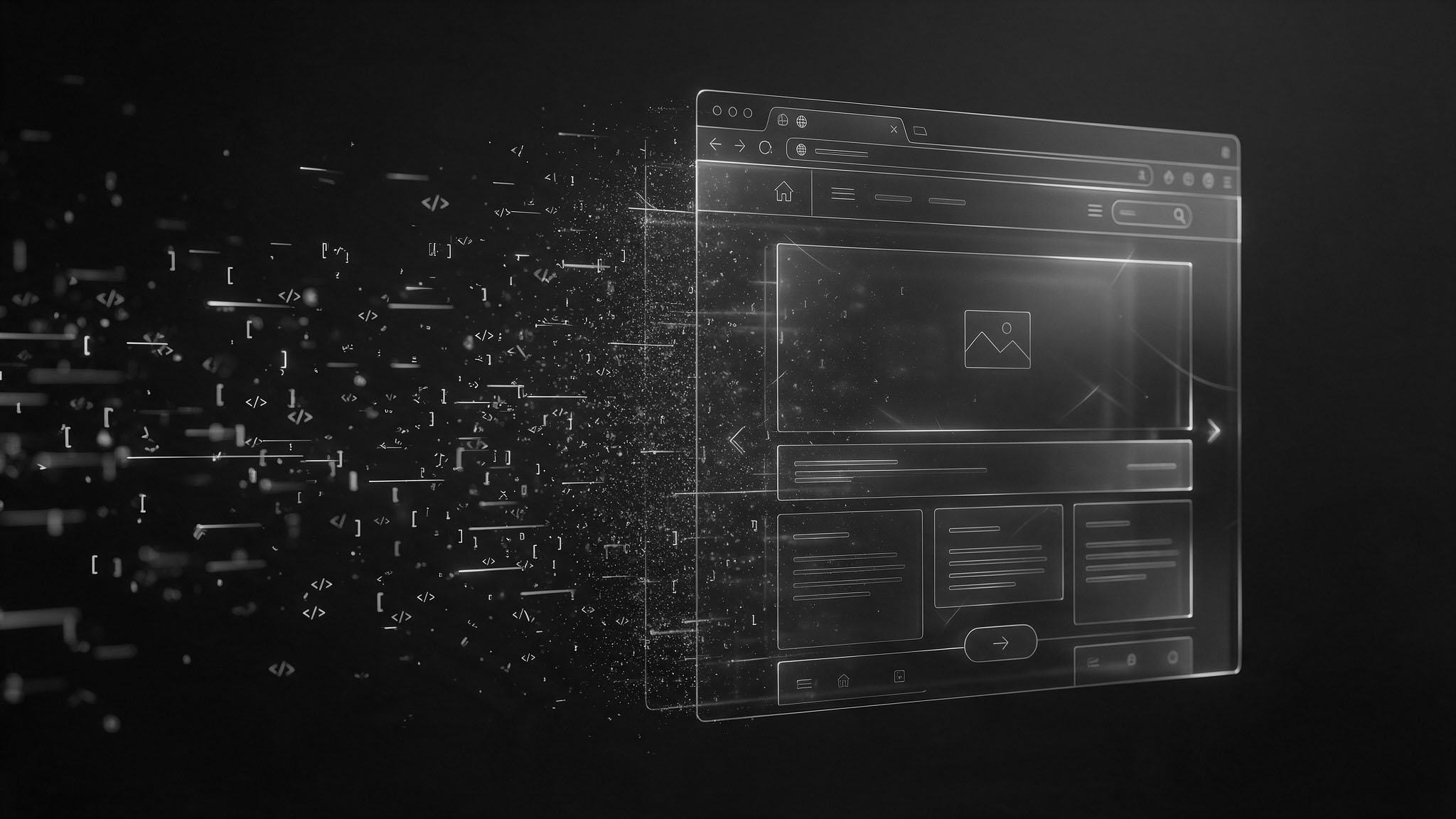 Abstract 3D visual of code assembling in space to form a website framework