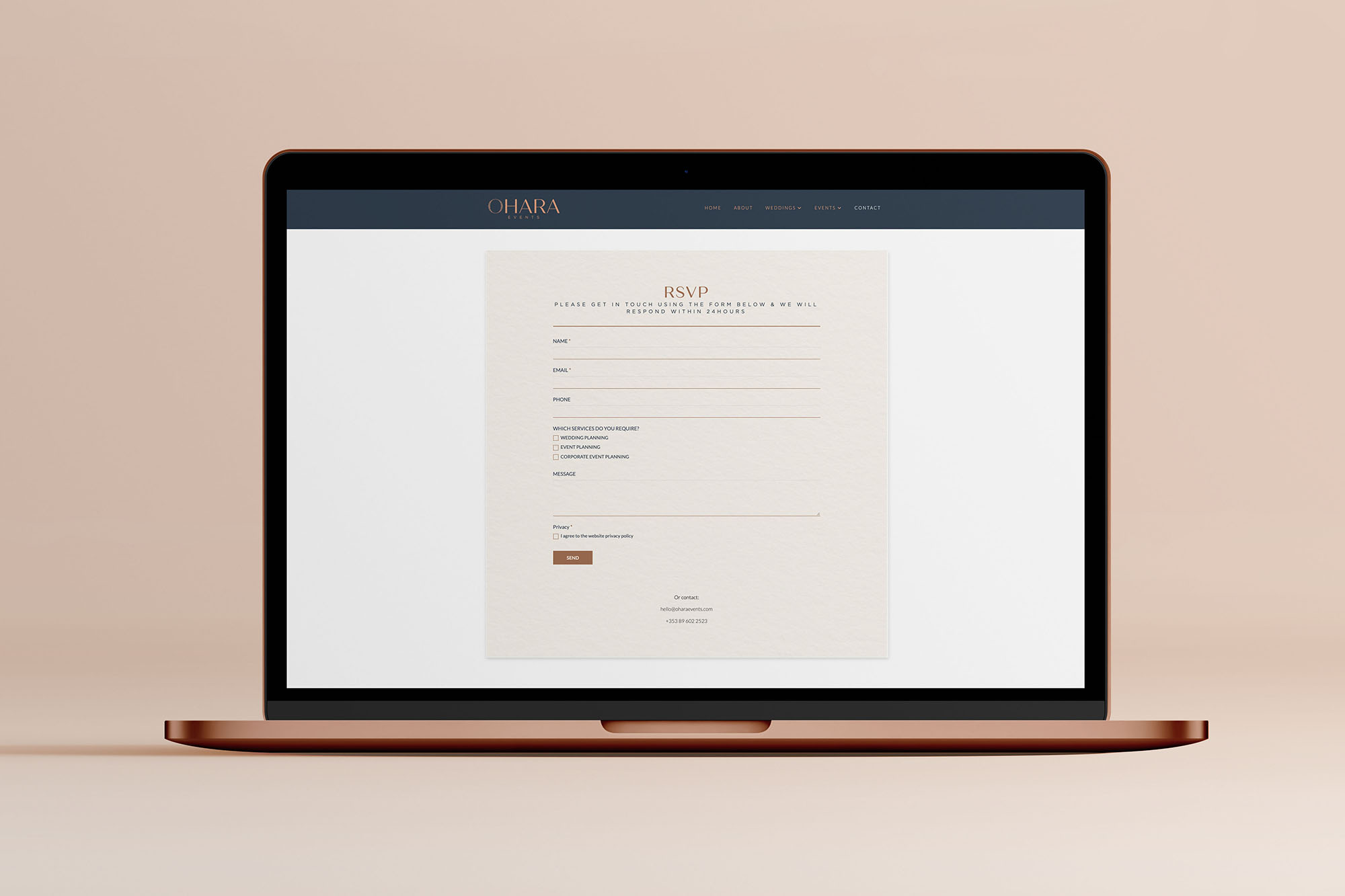 ohara events high end website design rsvp on laptop