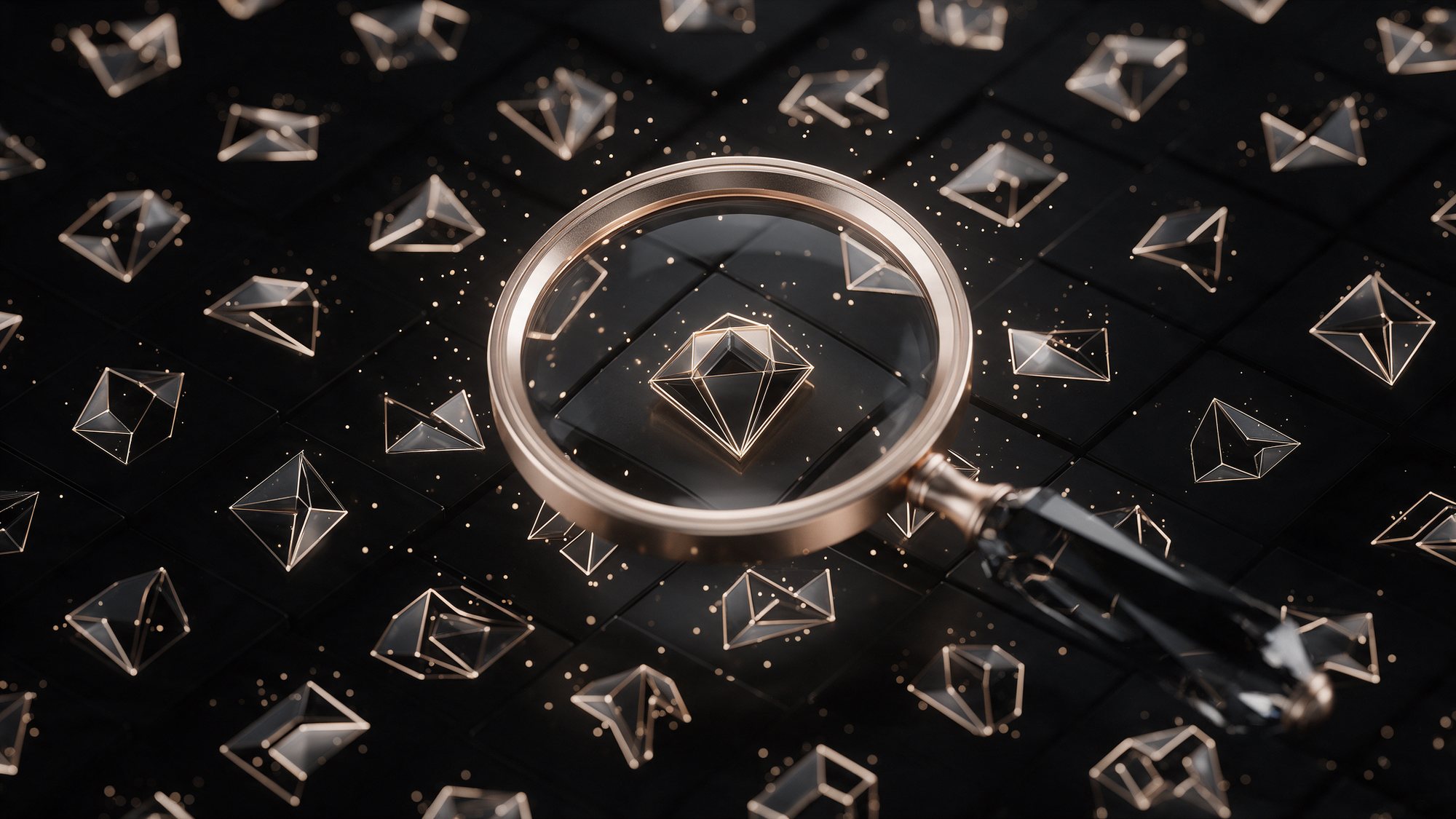 Gold magnifying glass searching a register of logo marks, illustrating a trademark clearance search